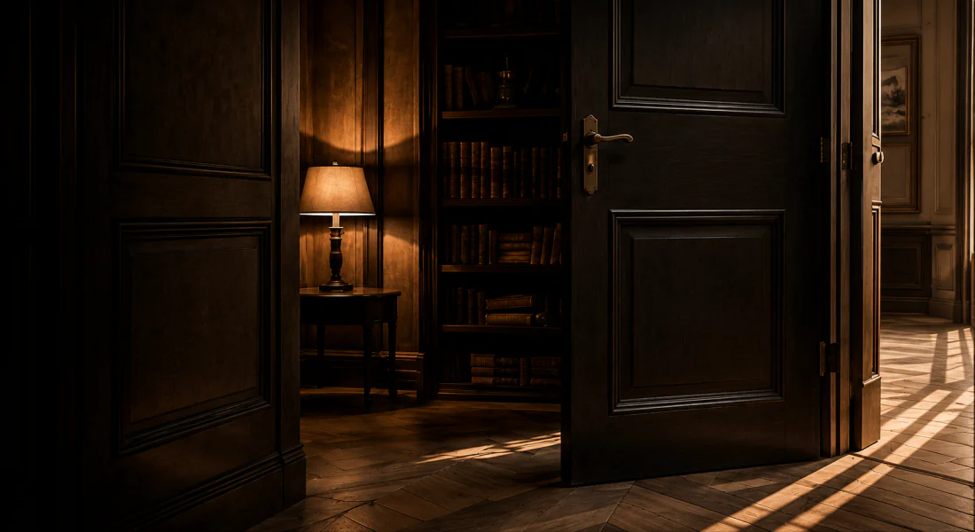 The doors to a private library opening onto a quiet reading room