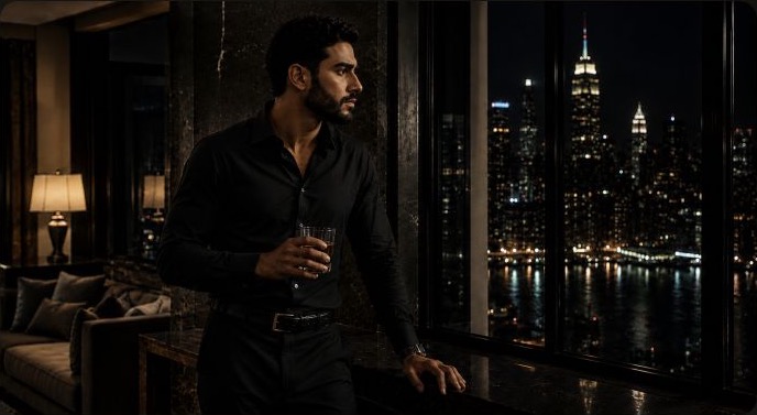 A composed man looking across the city after a demanding day