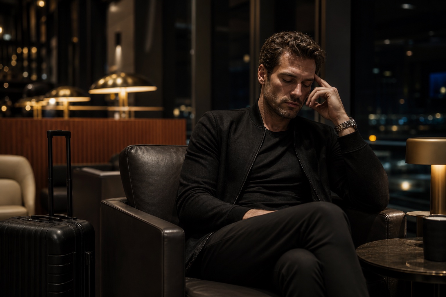 A traveller recovering in a quiet airport lounge